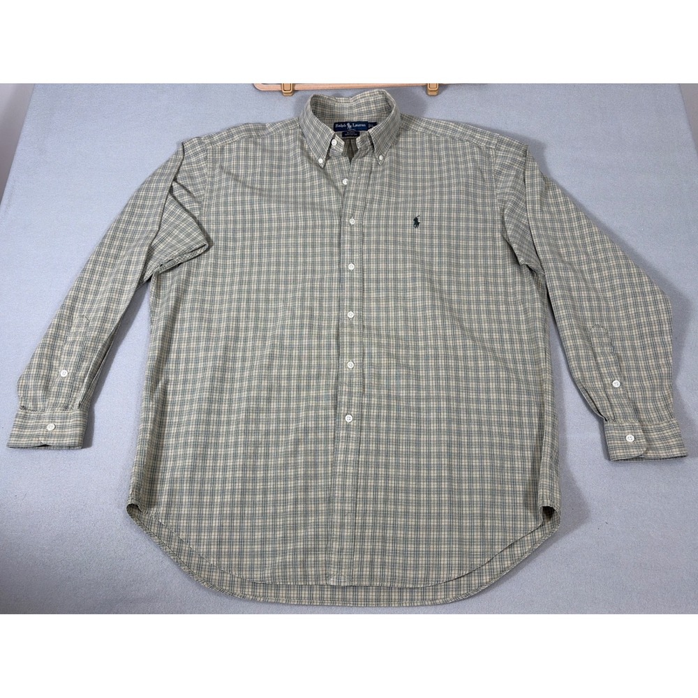 Ralph Lauren Blake Mens Large Plaid Button Down Shirt Tan Green 100% Cotton L/S